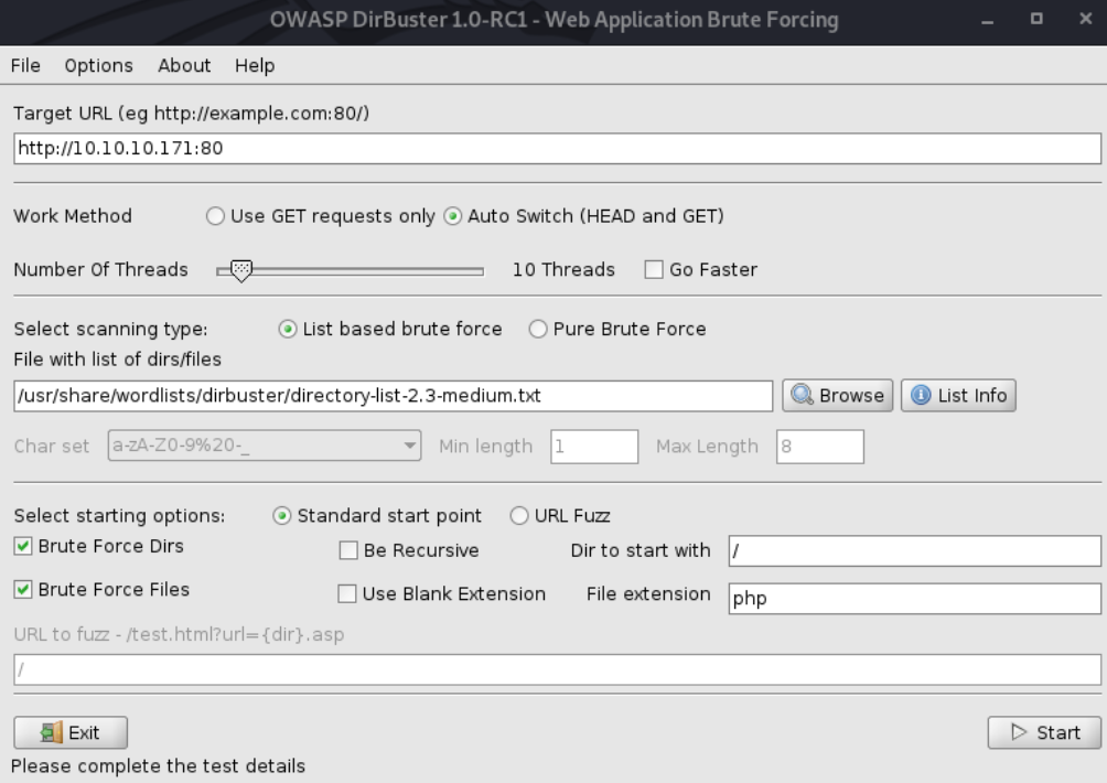 Dirbuster Scan Settings